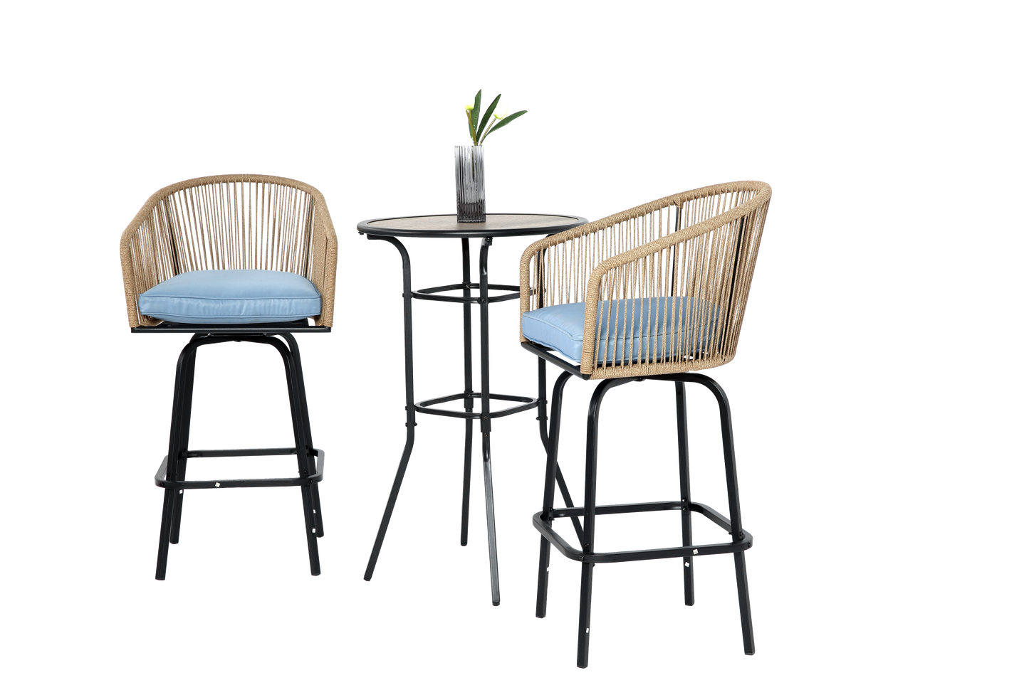3pcs Outdoor Bar Set, Patio Bar Table and Chairs Set, Bar Height Patio Set - 2 x Swivel Bar Chairs , 1 x Round Bar Table(DPC Wood-Like)-Blue