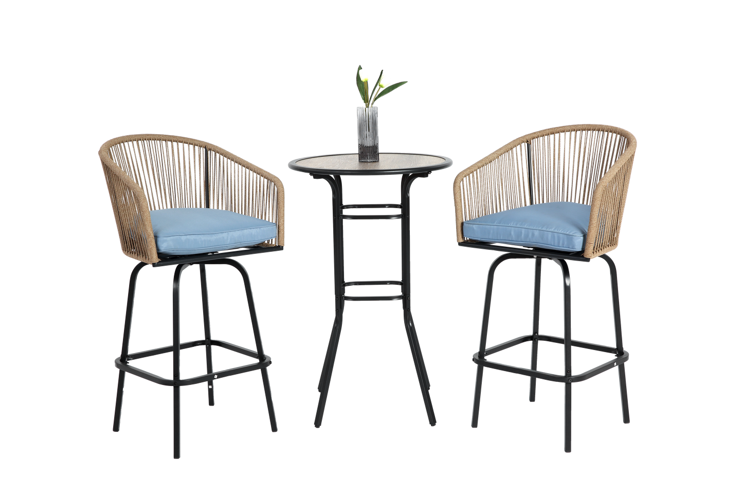 3pcs Outdoor Bar Set, Patio Bar Table and Chairs Set, Bar Height Patio Set - 2 x Swivel Bar Chairs , 1 x Round Bar Table(DPC Wood-Like)-Blue