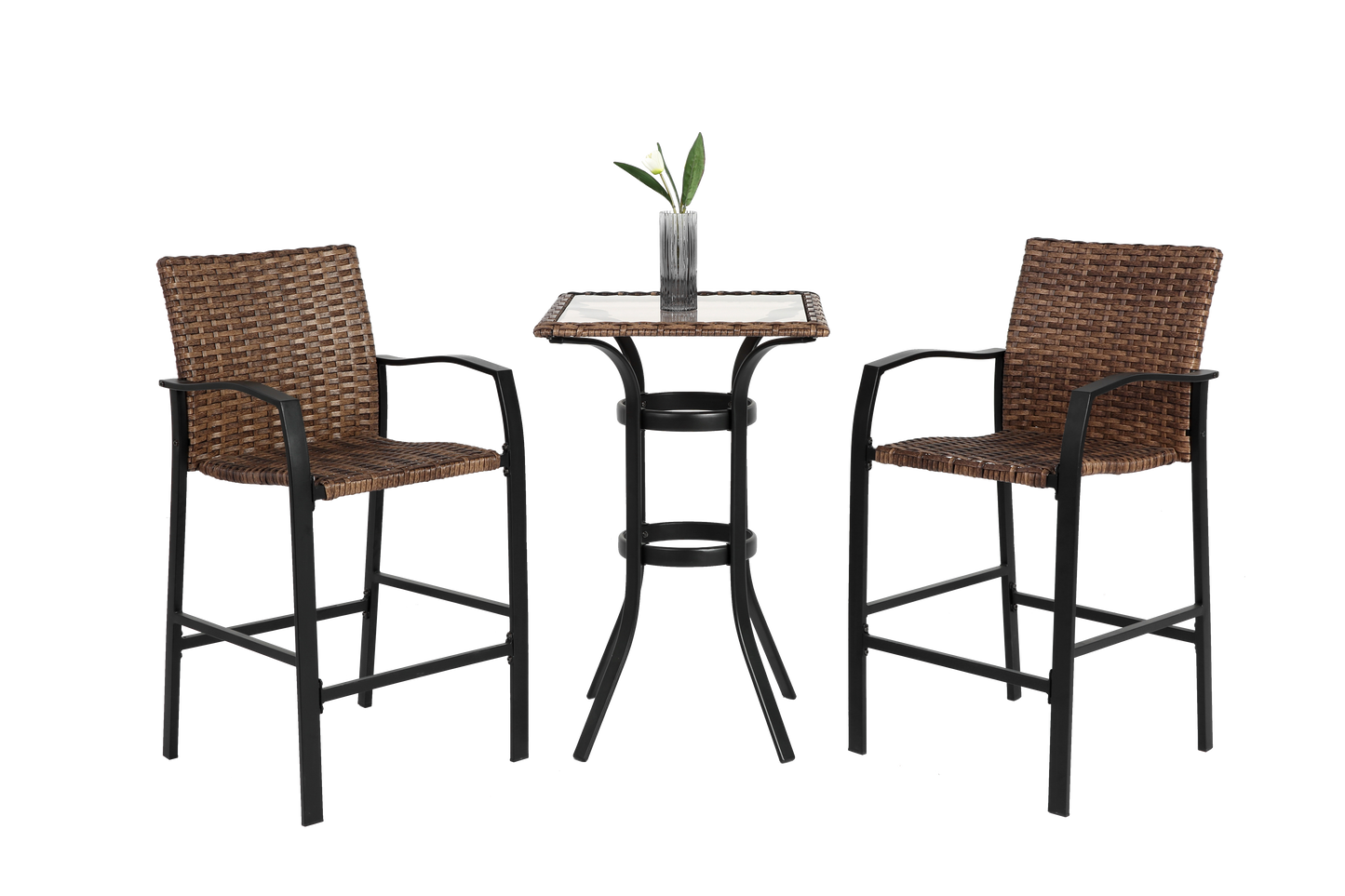 3 Pieces Outdoor Bar Stools Set,Rattan Bar Chairs,with glass table top, Wicker Bar Stools for Backyard, Garden, Pool, Balcony and Deck, Brown