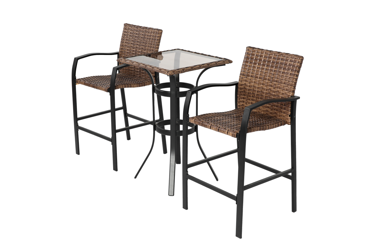 3 Pieces Outdoor Bar Stools Set,Rattan Bar Chairs,with glass table top, Wicker Bar Stools for Backyard, Garden, Pool, Balcony and Deck, Brown