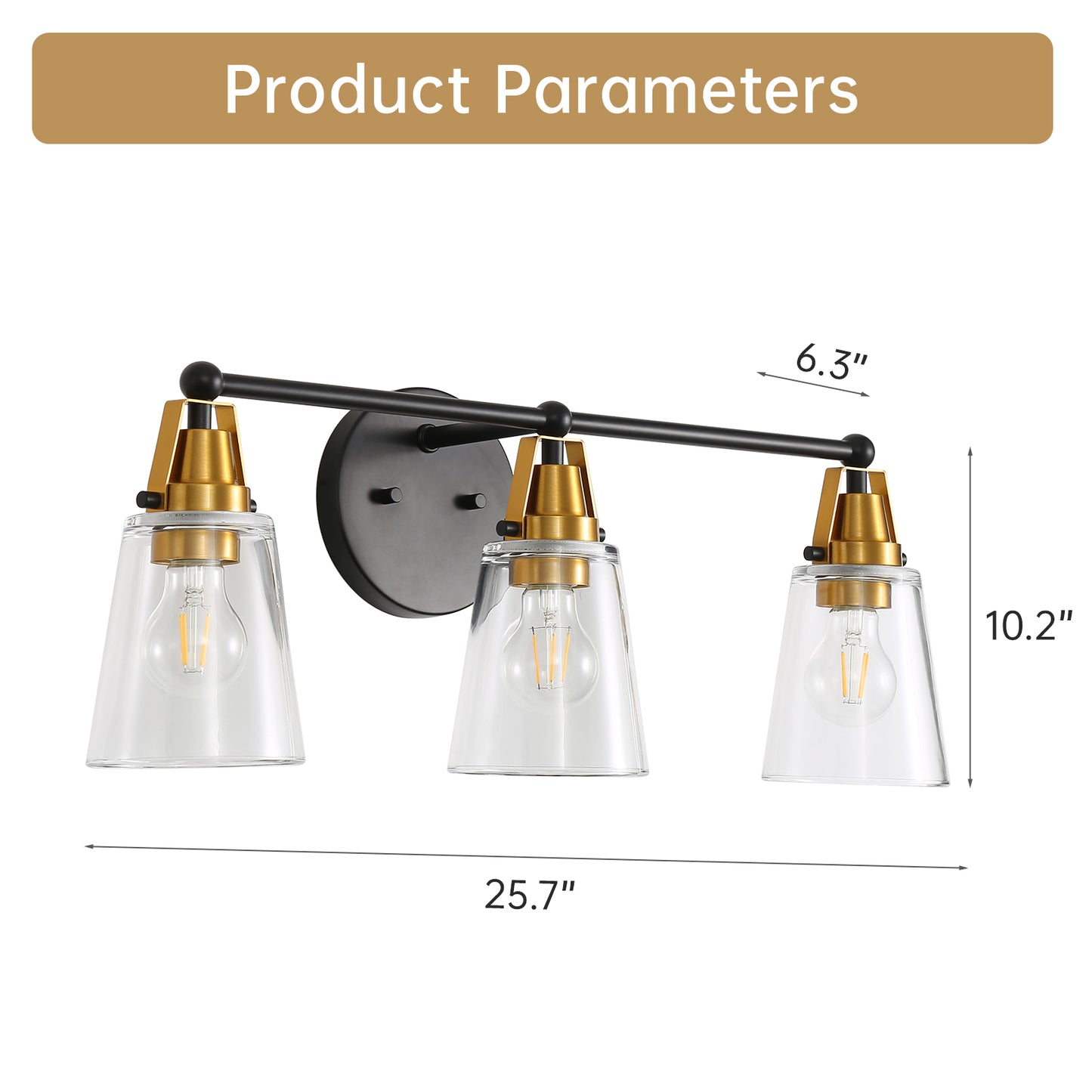 Modern 3-Light Black+Bronze Bathroom Vanity Light with Clear Glass Shade, E26 Wall Sconces Over Mirror for Living Room Bedroom Hallway (Bulb Not Included)