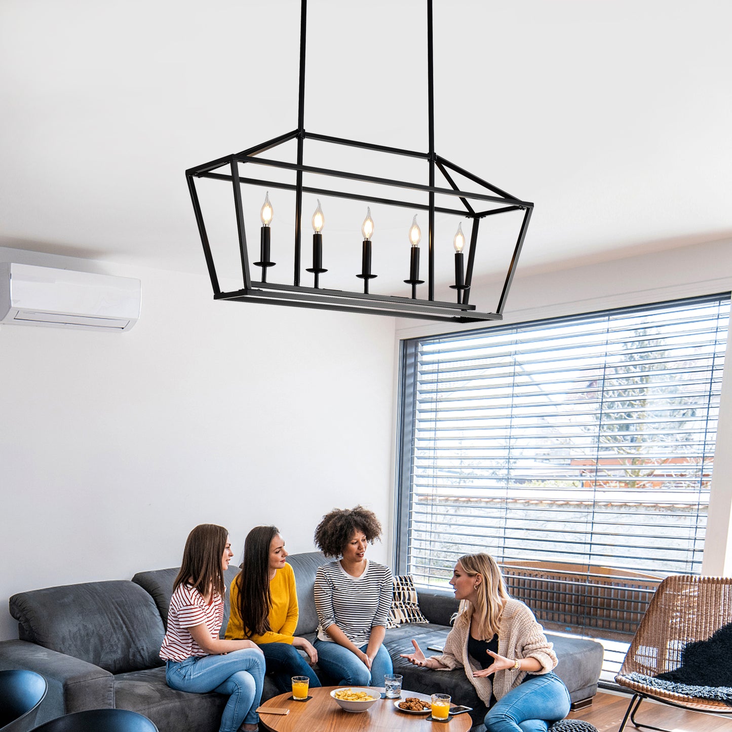 5-Light Farmhouse Kitchen Island Lighting,5 Light Industrial Linear Chandelier for Dining Room Metal Matte Black Finish Hanging Pendant Light Fixture for Bedroom Living Room Hallway Conference Room