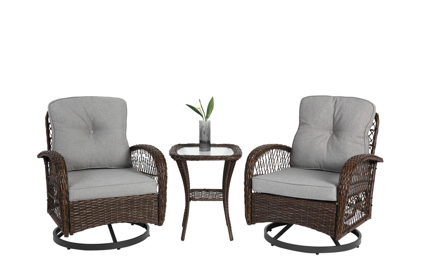 3 Pieces Outdoor Swivel Rocker Patio Chairs, 360 Degree Rocking Patio Conversation Set with Thickened Cushions and Glass Coffee Table for Backyard, Grey