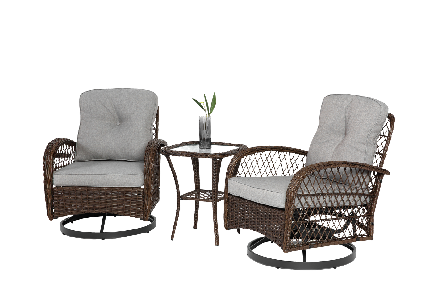 3 Pieces Outdoor Swivel Rocker Patio Chairs, 360 Degree Rocking Patio Conversation Set with Thickened Cushions and Glass Coffee Table for Backyard, Grey