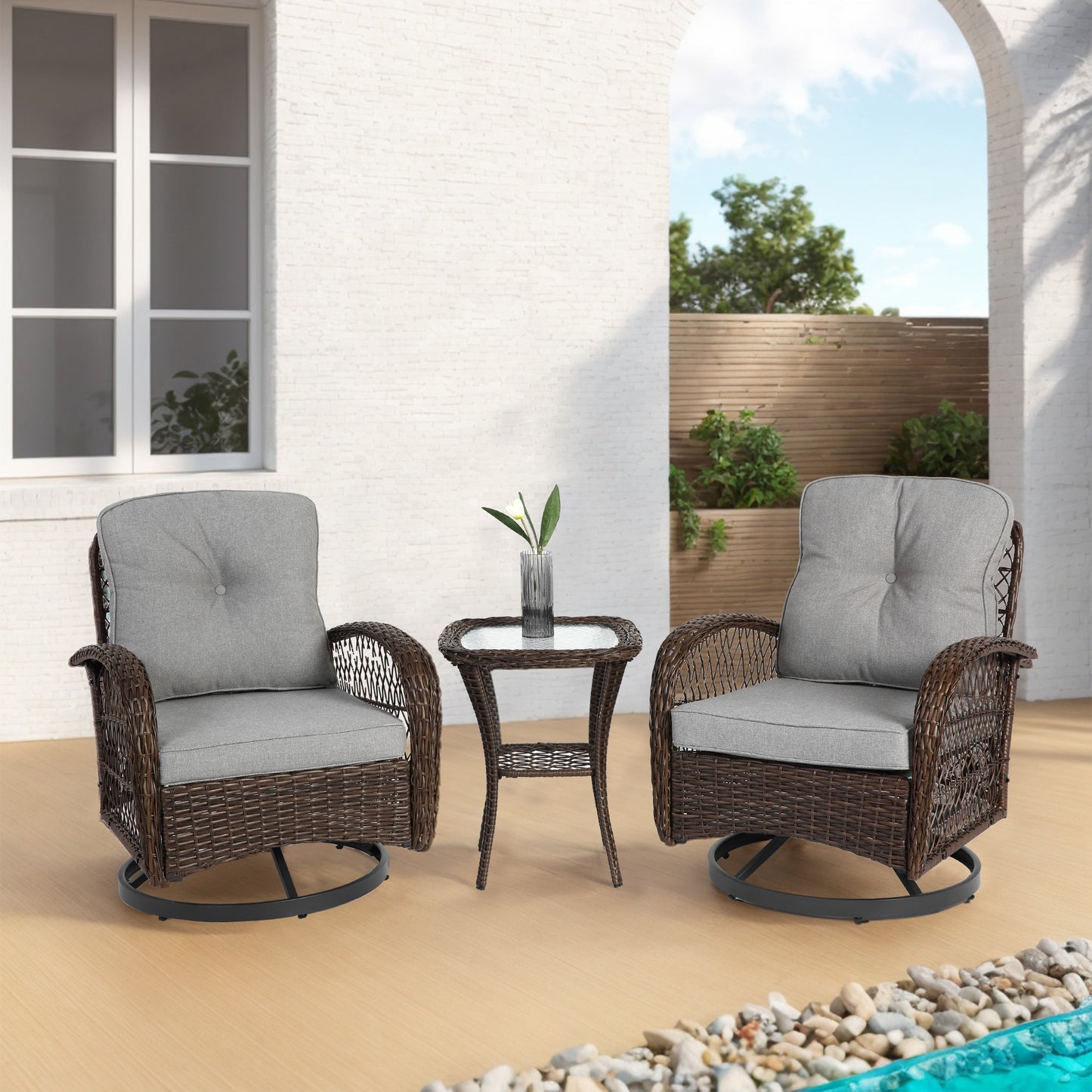 3 Pieces Outdoor Swivel Rocker Patio Chairs, 360 Degree Rocking Patio Conversation Set with Thickened Cushions and Glass Coffee Table for Backyard, Grey