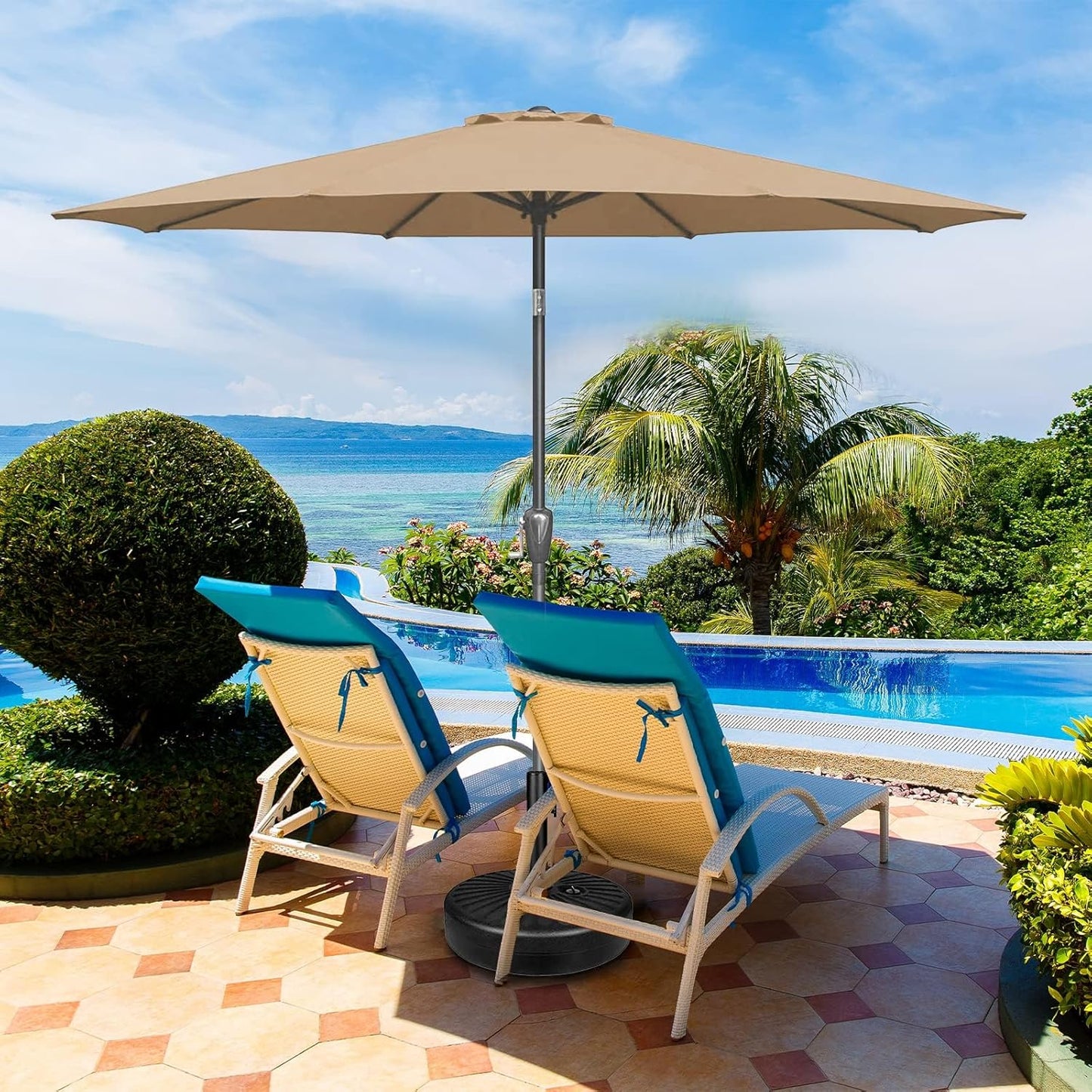 9FT Outdoor Patio Umbrella Table Market Umbrella with Push Button Tilt and Crank, 8 Sturdy Ribs, UV Protection Waterproof for Garden, Lawn, Deck, Backyard, Pool,Tan