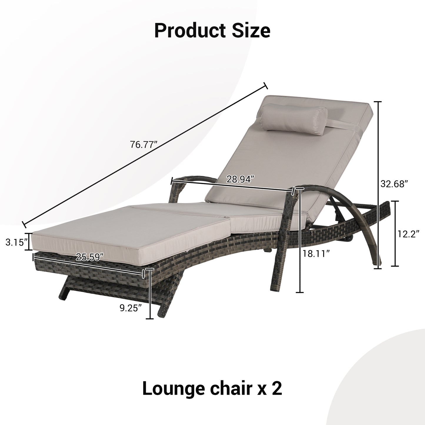 Outdoor Wicker Long Reclining Chair Set of 2 with Cushions, Wicker Reclining Lounge Chair Lawn Sunbathing Chairs Recliner up to 150° Beach Poolside Garden