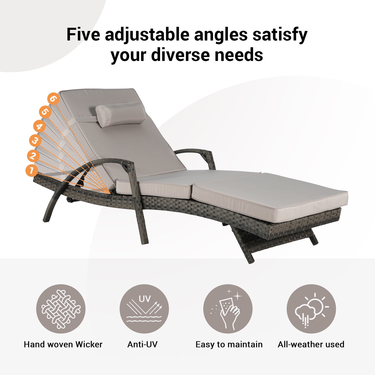 Outdoor Wicker Long Reclining Chair Set of 2 with Cushions, Wicker Reclining Lounge Chair Lawn Sunbathing Chairs Recliner up to 150° Beach Poolside Garden