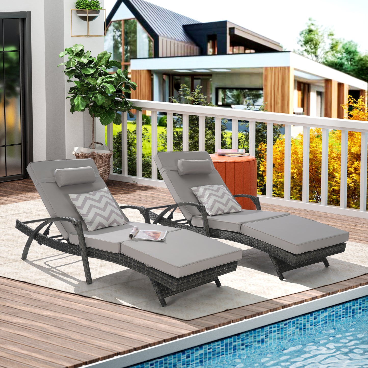 Outdoor Wicker Long Reclining Chair Set of 2 with Cushions, Wicker Reclining Lounge Chair Lawn Sunbathing Chairs Recliner up to 150° Beach Poolside Garden