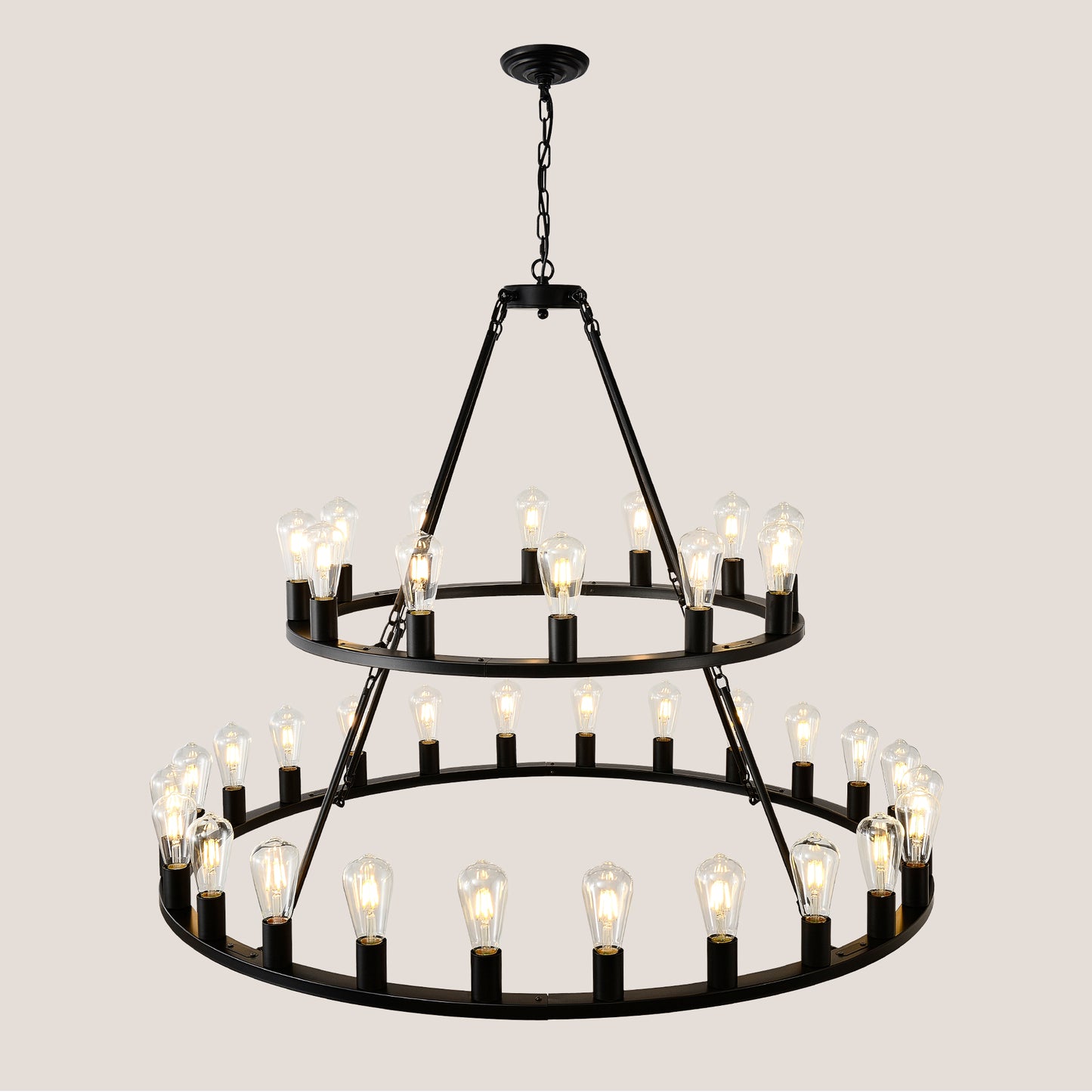48 Inch Black Extra Large Wagon Wheel Chandelier, 2 Tier 36-Lights(No Include) Farmhouse Industrial Round High Ceiling Pendant Light Adjustable Chain, for Dining Room, Living Room,Kitchen