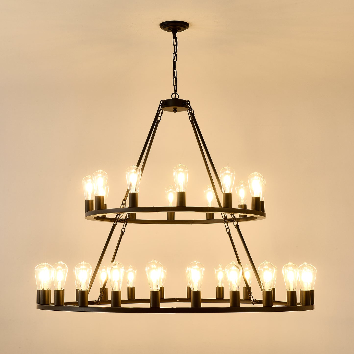 48 Inch Black Extra Large Wagon Wheel Chandelier, 2 Tier 36-Lights(No Include) Farmhouse Industrial Round High Ceiling Pendant Light Adjustable Chain, for Dining Room, Living Room,Kitchen