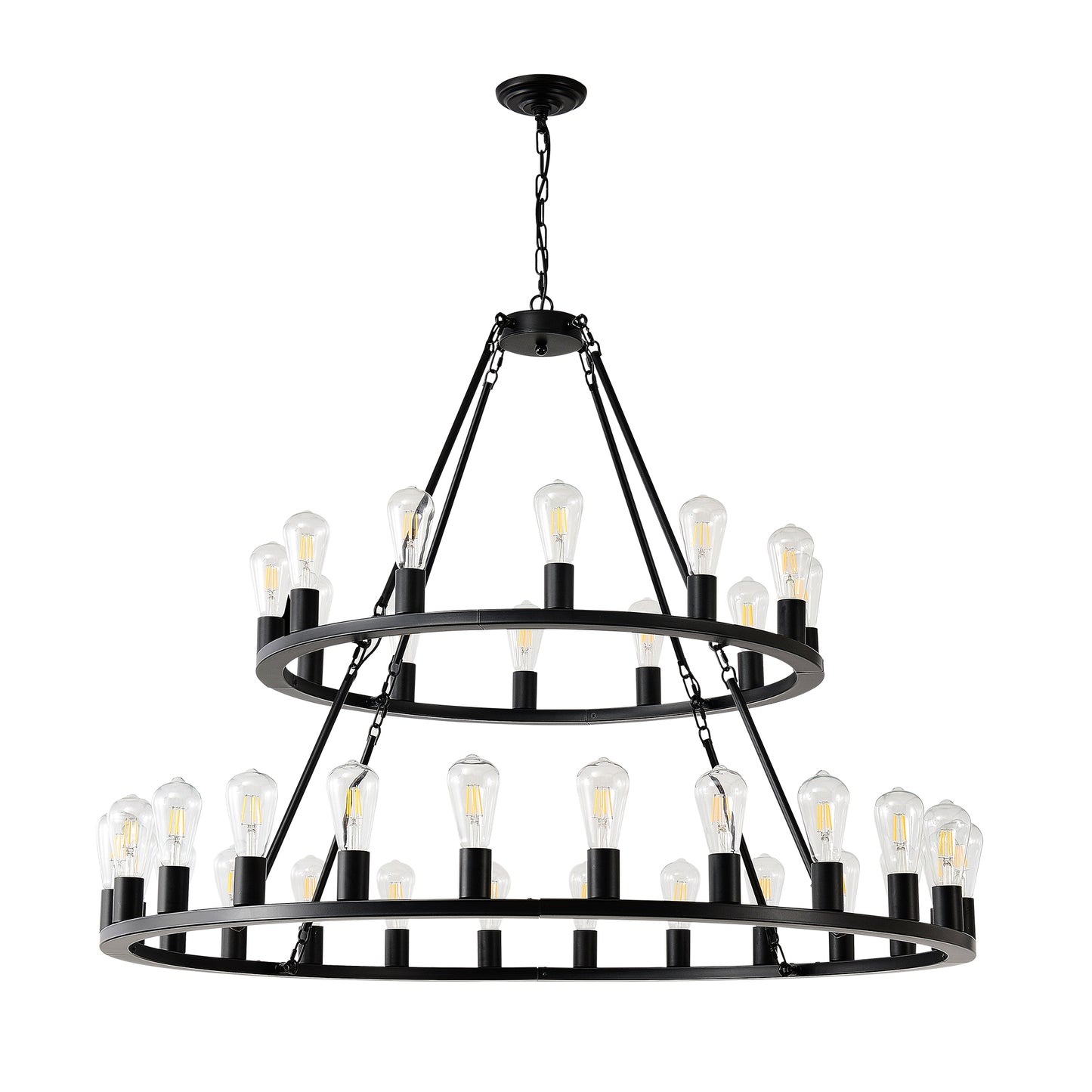 48 Inch Black Extra Large Wagon Wheel Chandelier, 2 Tier 36-Lights(No Include) Farmhouse Industrial Round High Ceiling Pendant Light Adjustable Chain, for Dining Room, Living Room,Kitchen