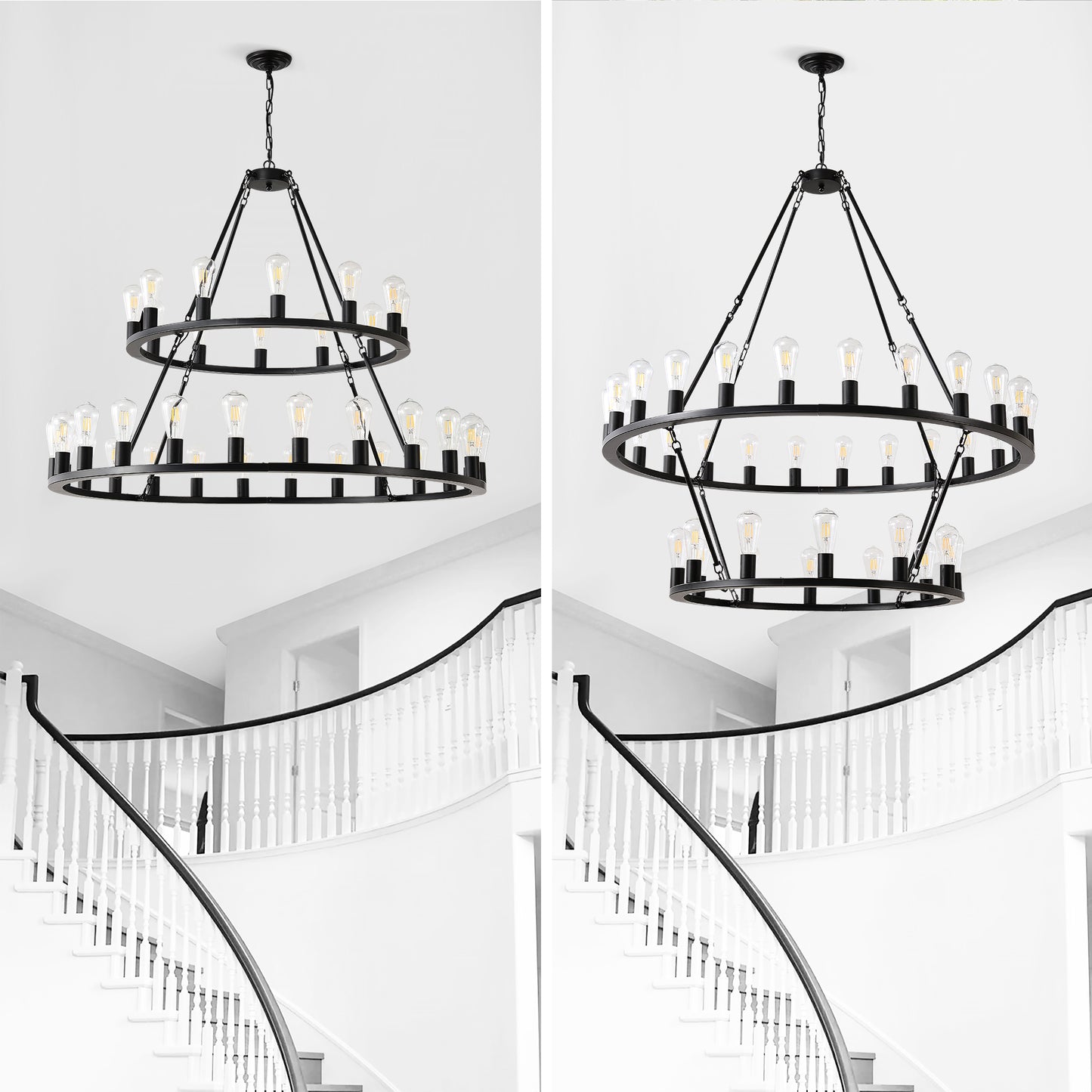 48 Inch Black Extra Large Wagon Wheel Chandelier, 2 Tier 36-Lights(No Include) Farmhouse Industrial Round High Ceiling Pendant Light Adjustable Chain, for Dining Room, Living Room,Kitchen
