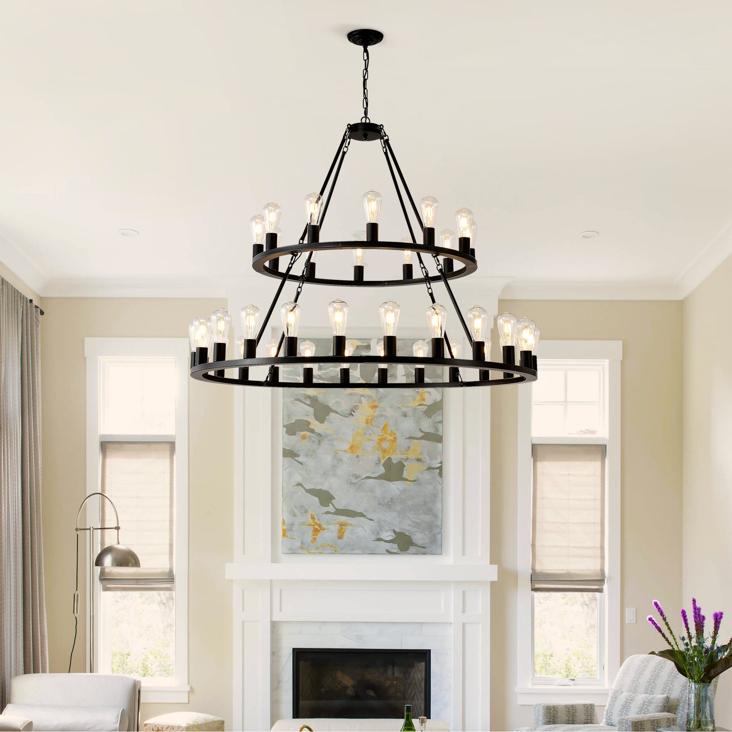 48 Inch Black Extra Large Wagon Wheel Chandelier, 2 Tier 36-Lights(No Include) Farmhouse Industrial Round High Ceiling Pendant Light Adjustable Chain, for Dining Room, Living Room,Kitchen