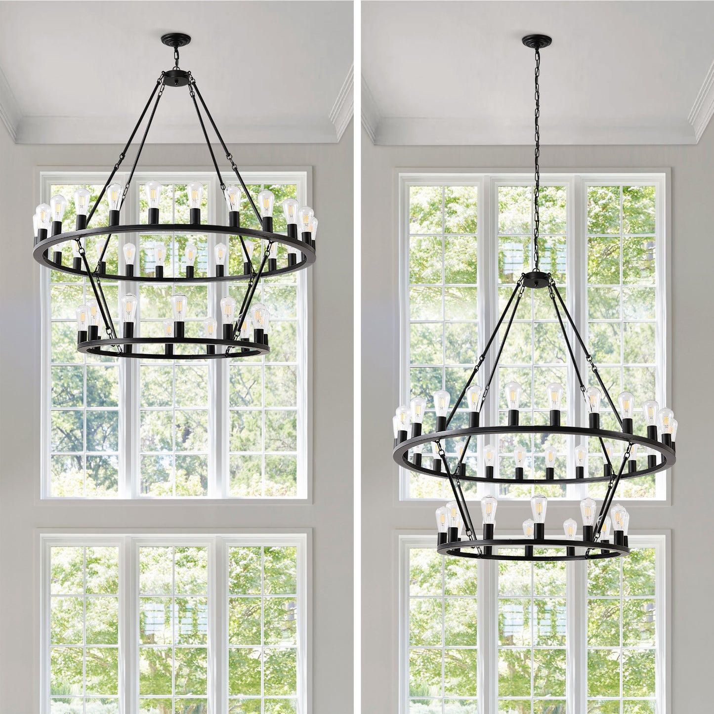 48 Inch Black Extra Large Wagon Wheel Chandelier, 2 Tier 36-Lights(No Include) Farmhouse Industrial Round High Ceiling Pendant Light Adjustable Chain, for Dining Room, Living Room,Kitchen