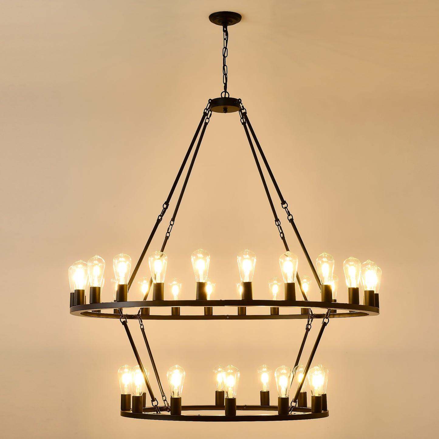 48 Inch Black Extra Large Wagon Wheel Chandelier, 2 Tier 36-Lights(No Include) Farmhouse Industrial Round High Ceiling Pendant Light Adjustable Chain, for Dining Room, Living Room,Kitchen