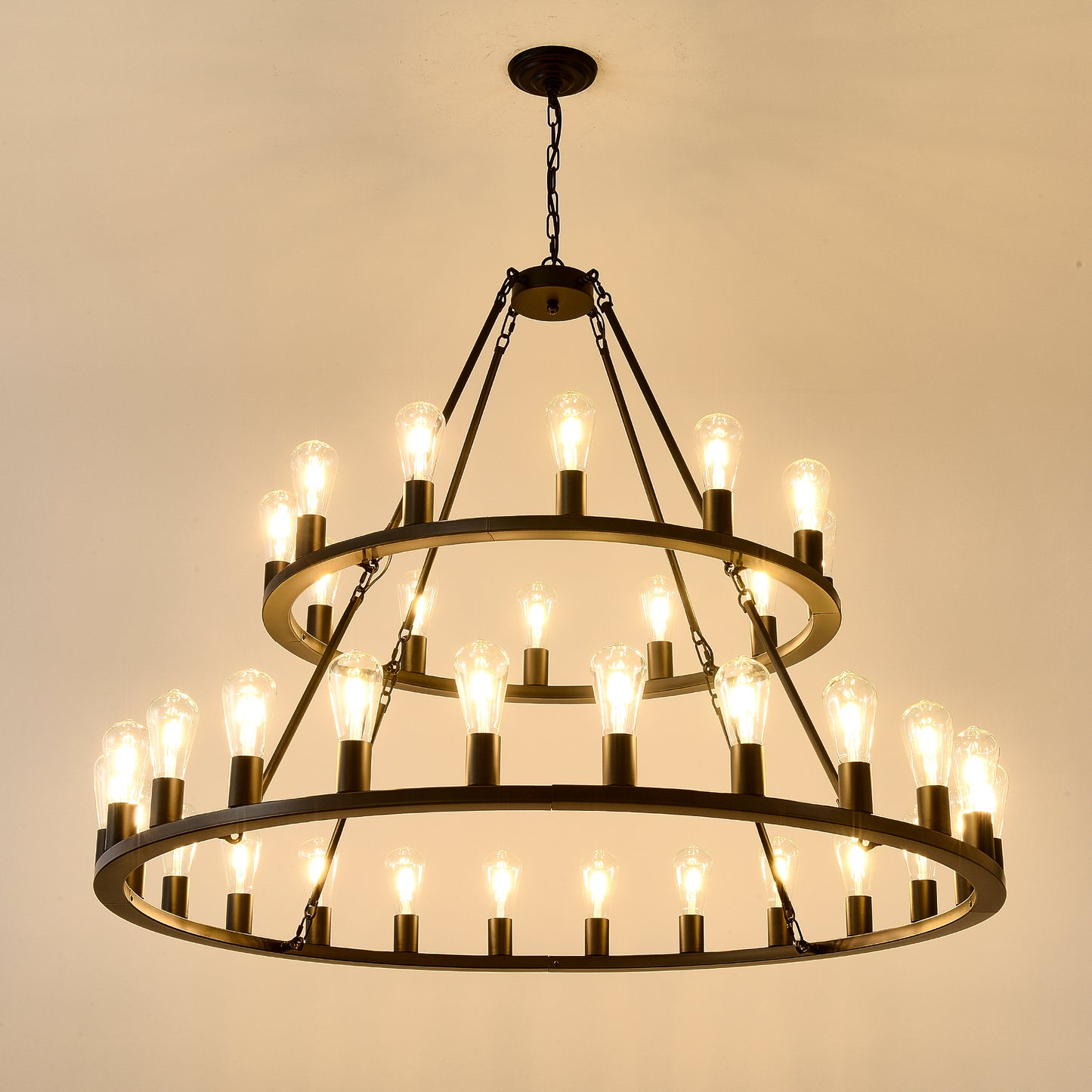 48 Inch Black Extra Large Wagon Wheel Chandelier, 2 Tier 36-Lights(No Include) Farmhouse Industrial Round High Ceiling Pendant Light Adjustable Chain, for Dining Room, Living Room,Kitchen