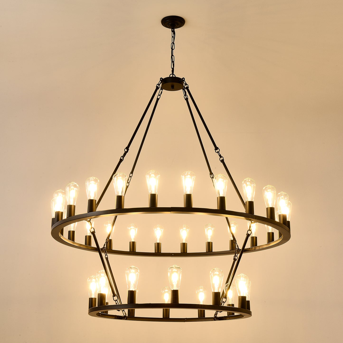 48 Inch Black Extra Large Wagon Wheel Chandelier, 2 Tier 36-Lights(No Include) Farmhouse Industrial Round High Ceiling Pendant Light Adjustable Chain, for Dining Room, Living Room,Kitchen