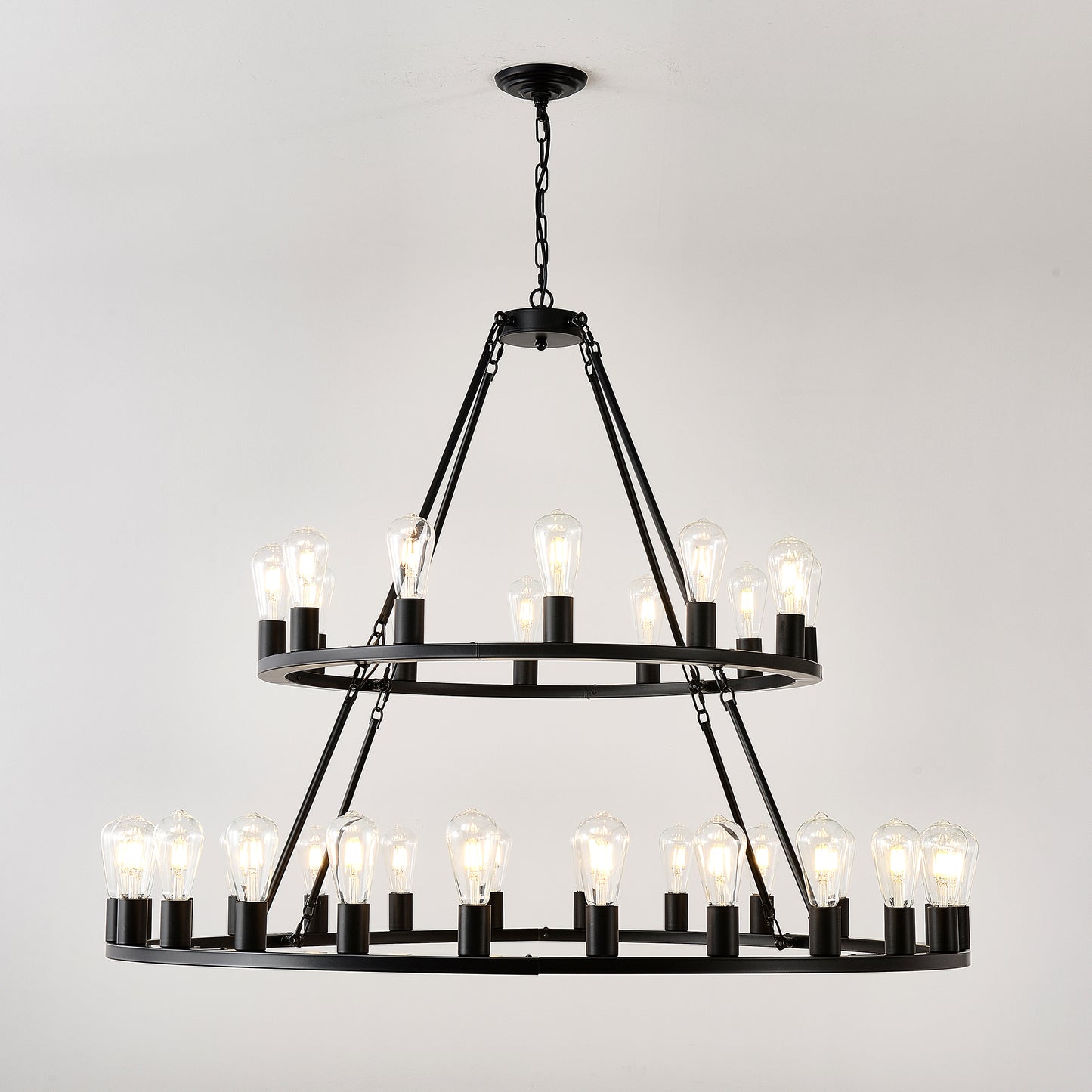 48 Inch Black Extra Large Wagon Wheel Chandelier, 2 Tier 36-Lights(No Include) Farmhouse Industrial Round High Ceiling Pendant Light Adjustable Chain, for Dining Room, Living Room,Kitchen