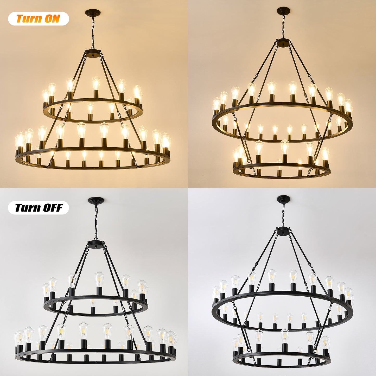 48 Inch Black Extra Large Wagon Wheel Chandelier, 2 Tier 36-Lights(No Include) Farmhouse Industrial Round High Ceiling Pendant Light Adjustable Chain, for Dining Room, Living Room,Kitchen