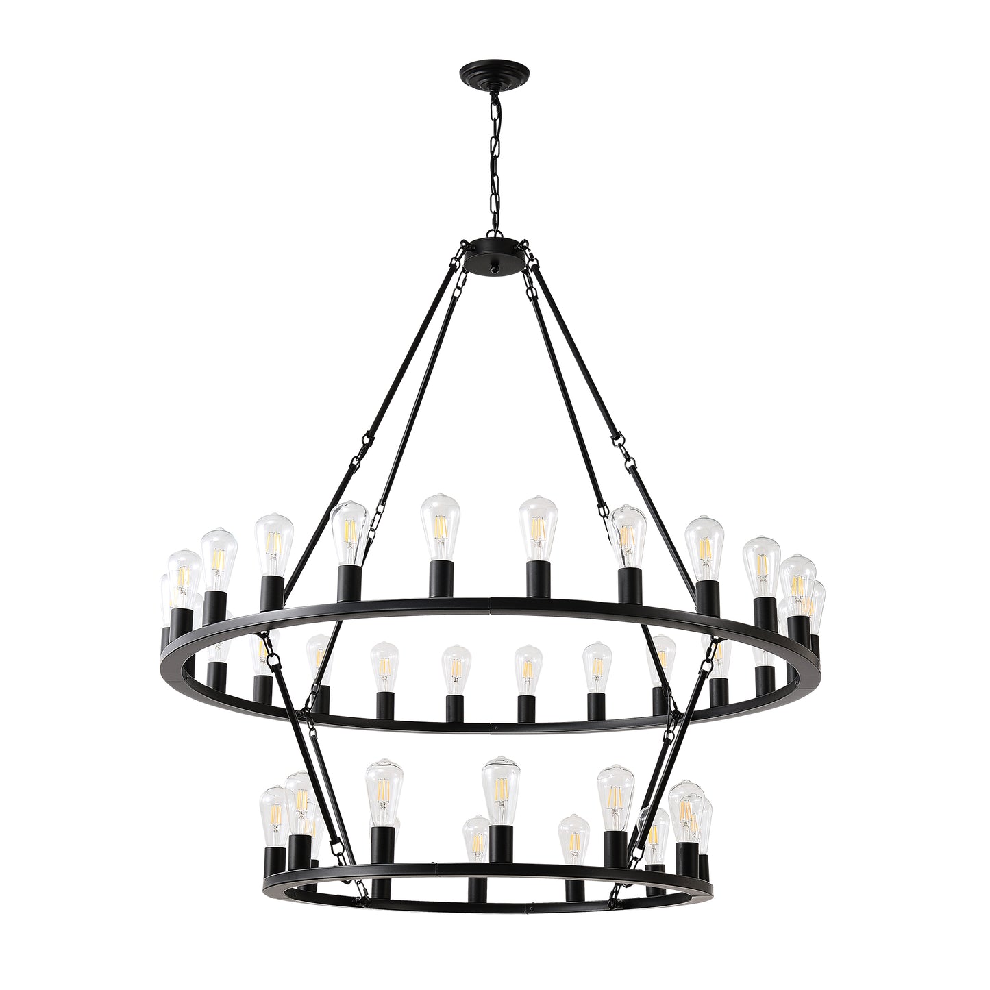 48 Inch Black Extra Large Wagon Wheel Chandelier, 2 Tier 36-Lights(No Include) Farmhouse Industrial Round High Ceiling Pendant Light Adjustable Chain, for Dining Room, Living Room,Kitchen