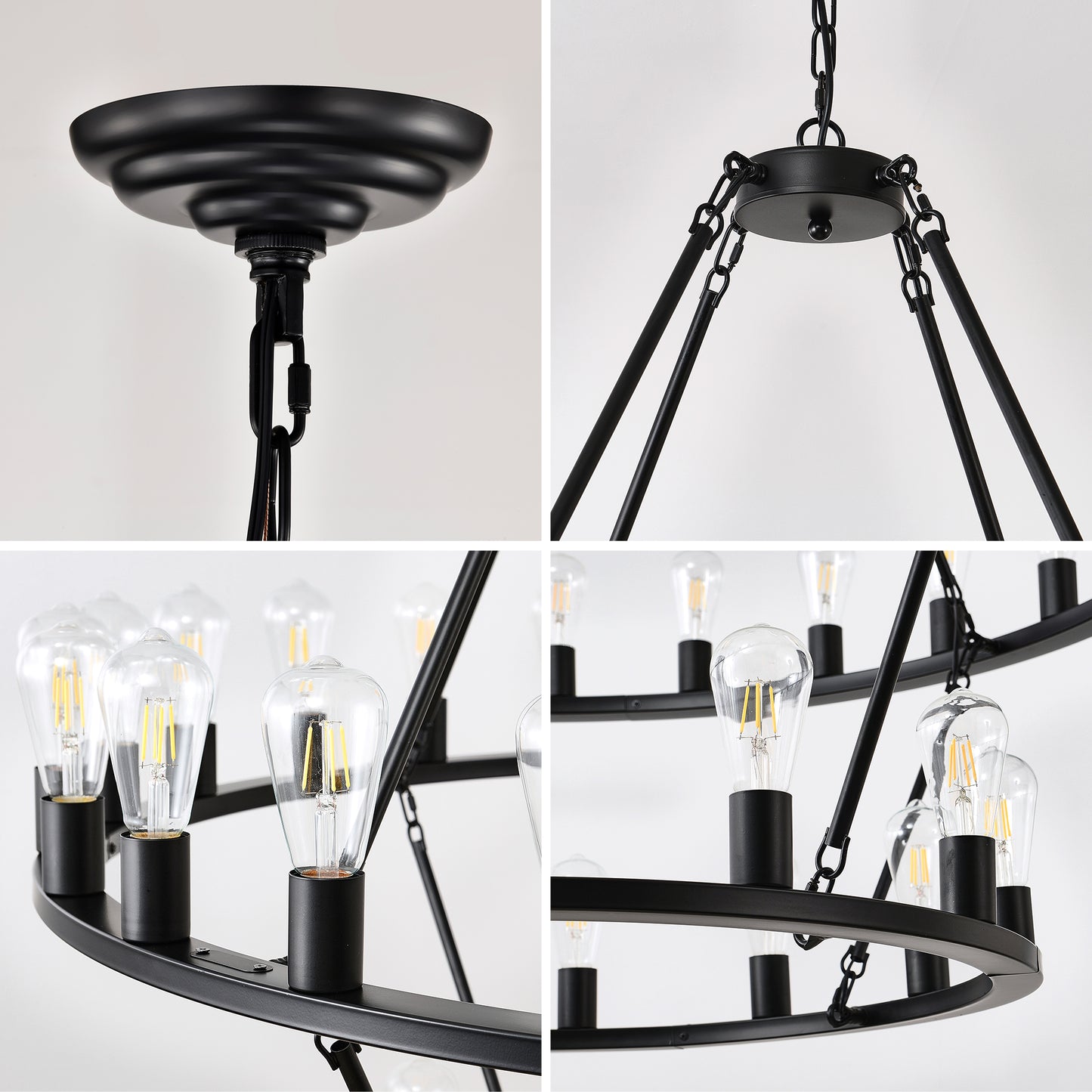 48 Inch Black Extra Large Wagon Wheel Chandelier, 2 Tier 36-Lights(No Include) Farmhouse Industrial Round High Ceiling Pendant Light Adjustable Chain, for Dining Room, Living Room,Kitchen