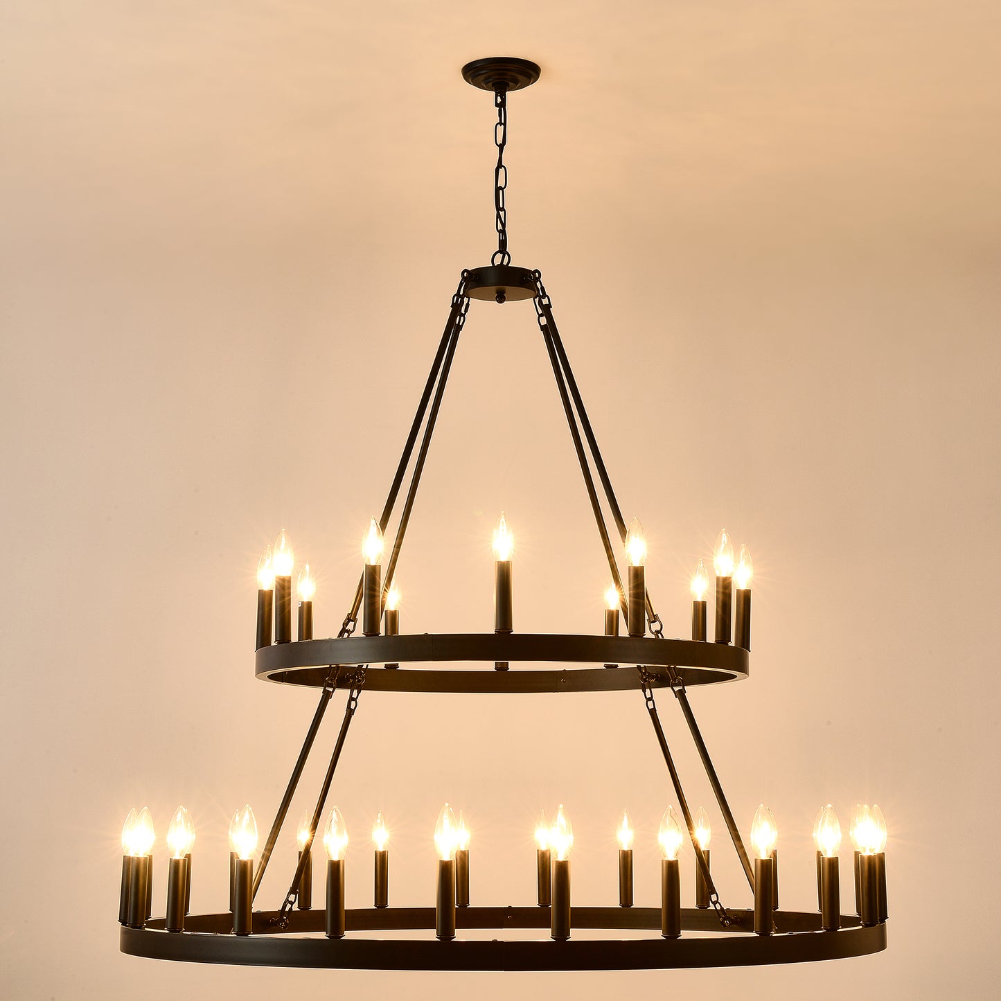 2 Tiers Wagon Wheel Chandelier Wooden Farmhouse 36-Light(24+12) or (12+24 ), Black Metal Chandeliers 2-Story Light Fixtures Industrial for High Ceiling Living Dining Room Foyer. Adjustable Height