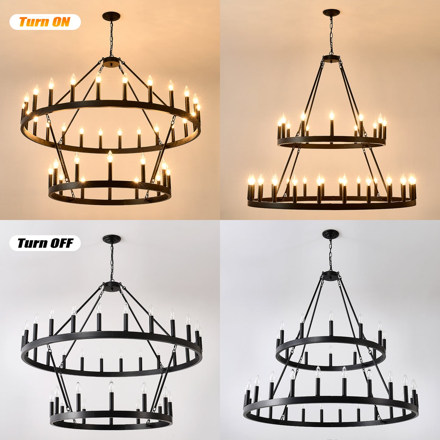 2 Tiers Wagon Wheel Chandelier Wooden Farmhouse 36-Light(24+12) or (12+24 ), Black Metal Chandeliers 2-Story Light Fixtures Industrial for High Ceiling Living Dining Room Foyer. Adjustable Height