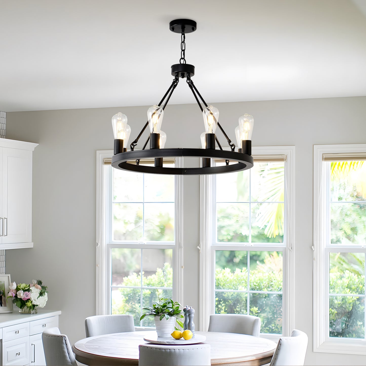 8-Light (No Bulbs) Matte Black Wagon Wheel Chandelier Farmhouse Modern Small Round Chandelier for Living Room Kitchen Island Foyer Hallway Entryway Bedroom Dining Room Light Fixture Ceiling Hanging