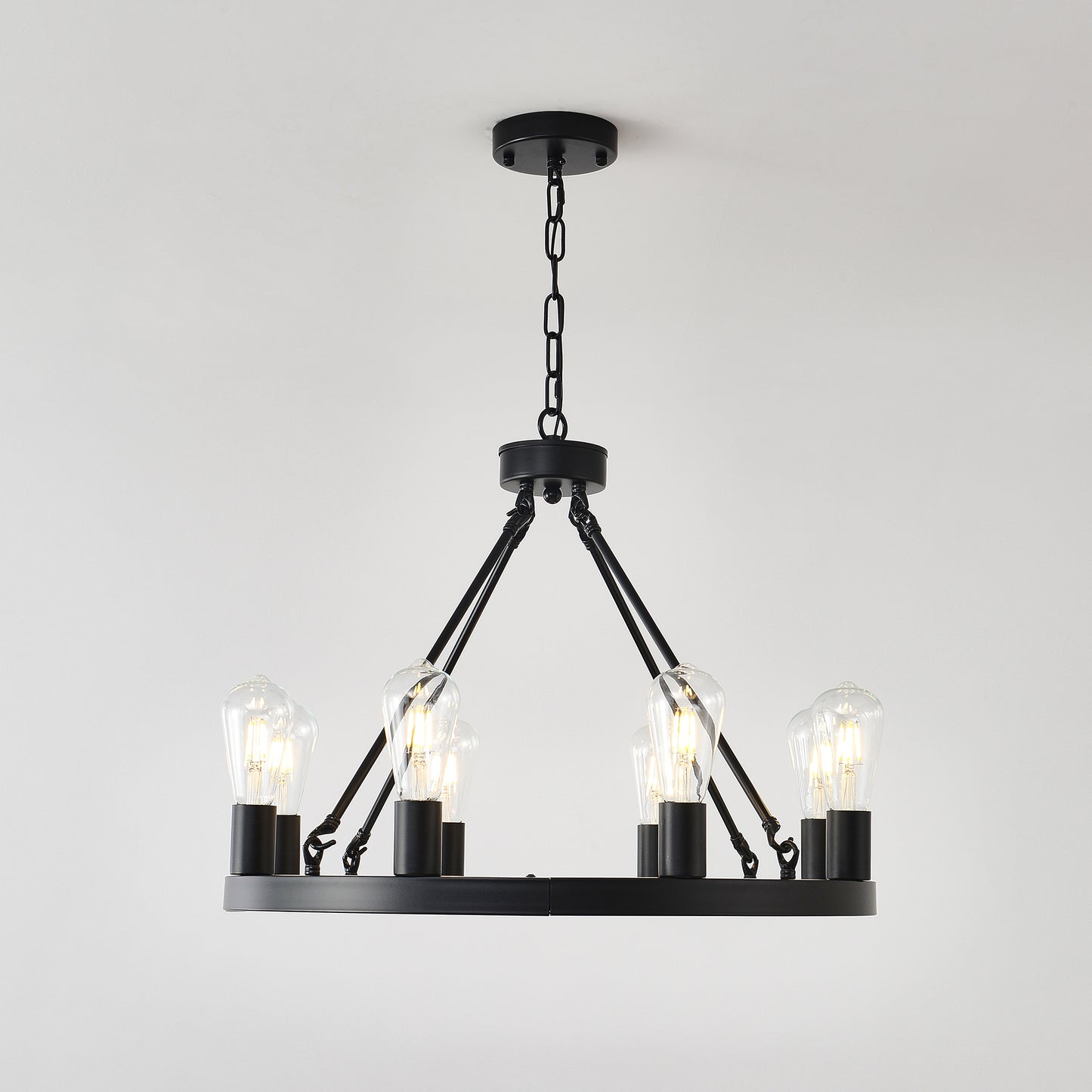8-Light (No Bulbs) Matte Black Wagon Wheel Chandelier Farmhouse Modern Small Round Chandelier for Living Room Kitchen Island Foyer Hallway Entryway Bedroom Dining Room Light Fixture Ceiling Hanging