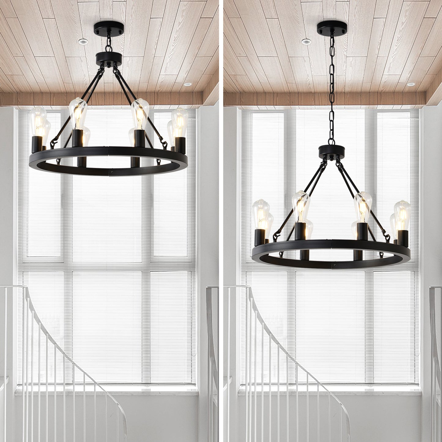 8-Light (No Bulbs) Matte Black Wagon Wheel Chandelier Farmhouse Modern Small Round Chandelier for Living Room Kitchen Island Foyer Hallway Entryway Bedroom Dining Room Light Fixture Ceiling Hanging