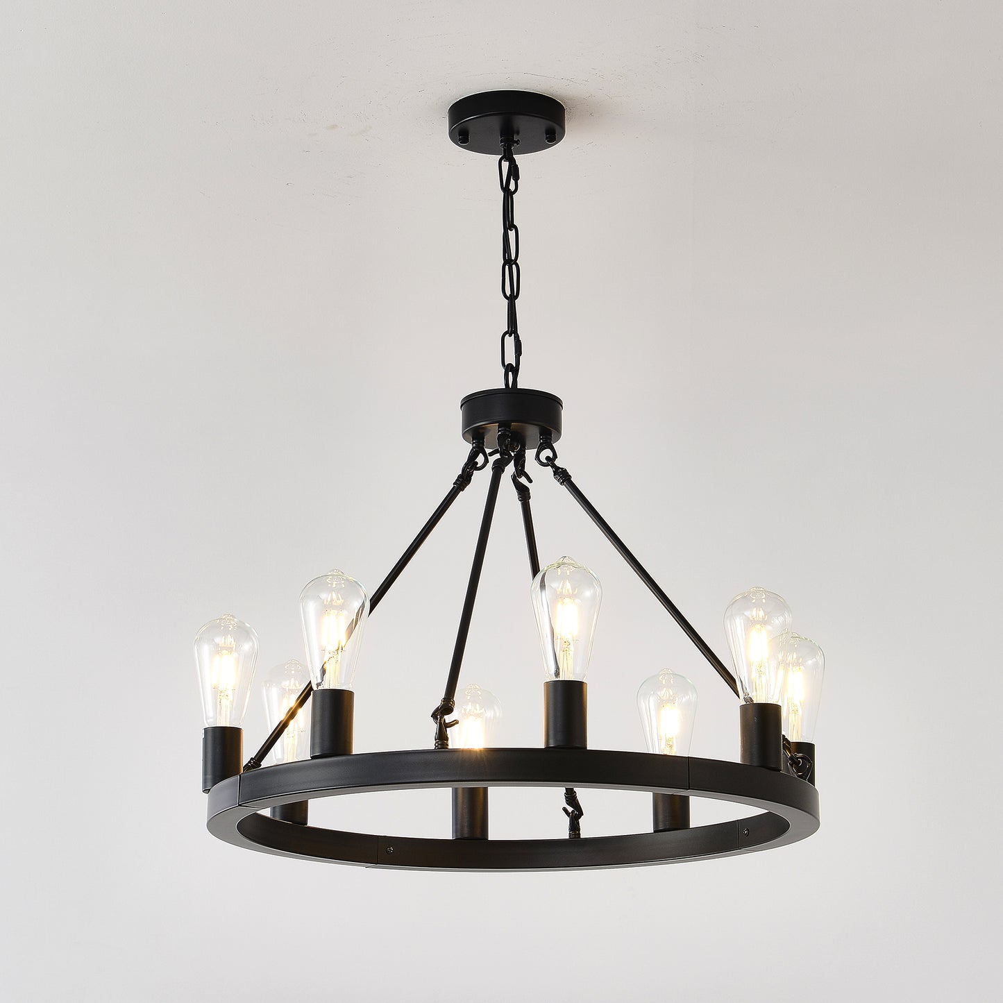 8-Light (No Bulbs) Matte Black Wagon Wheel Chandelier Farmhouse Modern Small Round Chandelier for Living Room Kitchen Island Foyer Hallway Entryway Bedroom Dining Room Light Fixture Ceiling Hanging