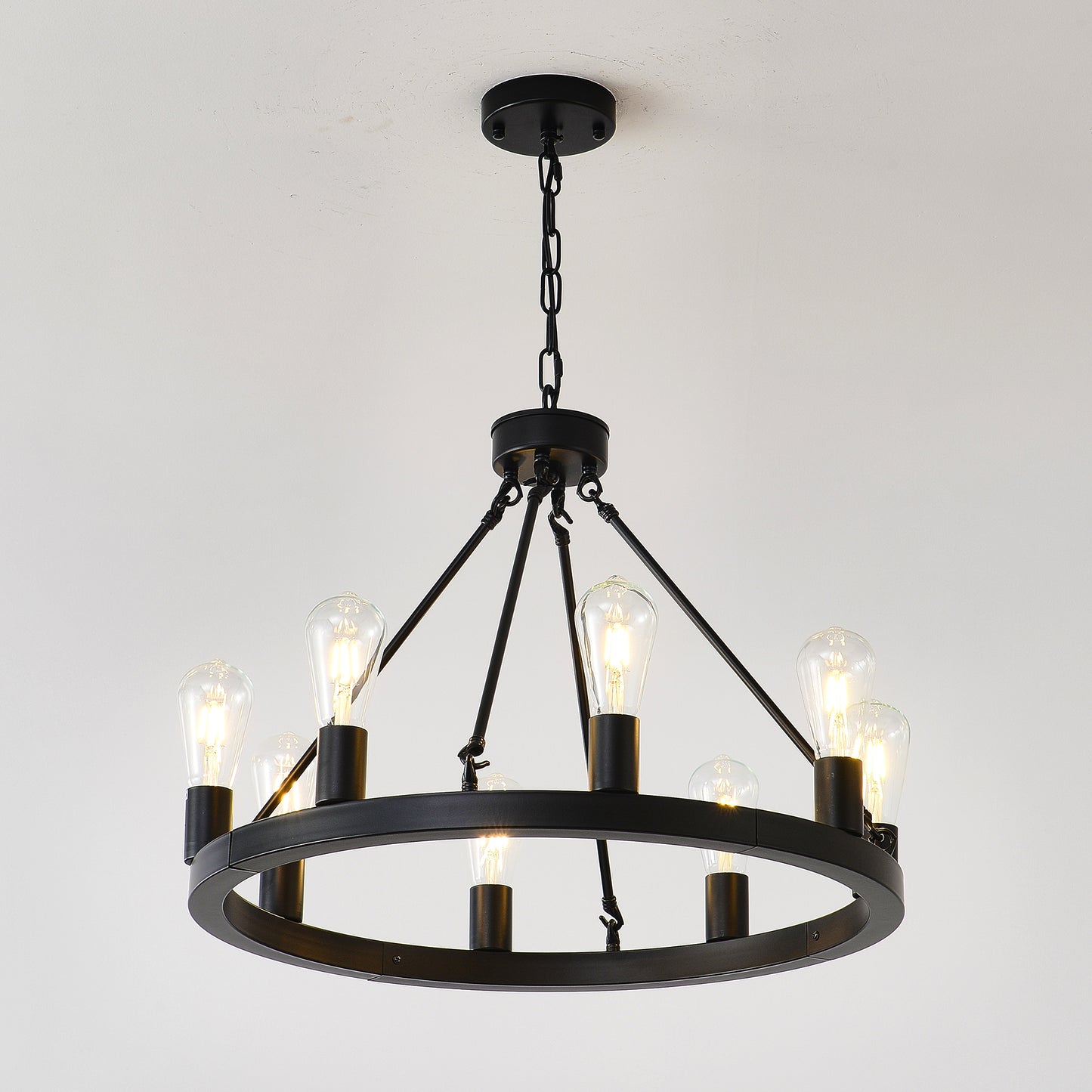 8-Light (No Bulbs) Matte Black Wagon Wheel Chandelier Farmhouse Modern Small Round Chandelier for Living Room Kitchen Island Foyer Hallway Entryway Bedroom Dining Room Light Fixture Ceiling Hanging