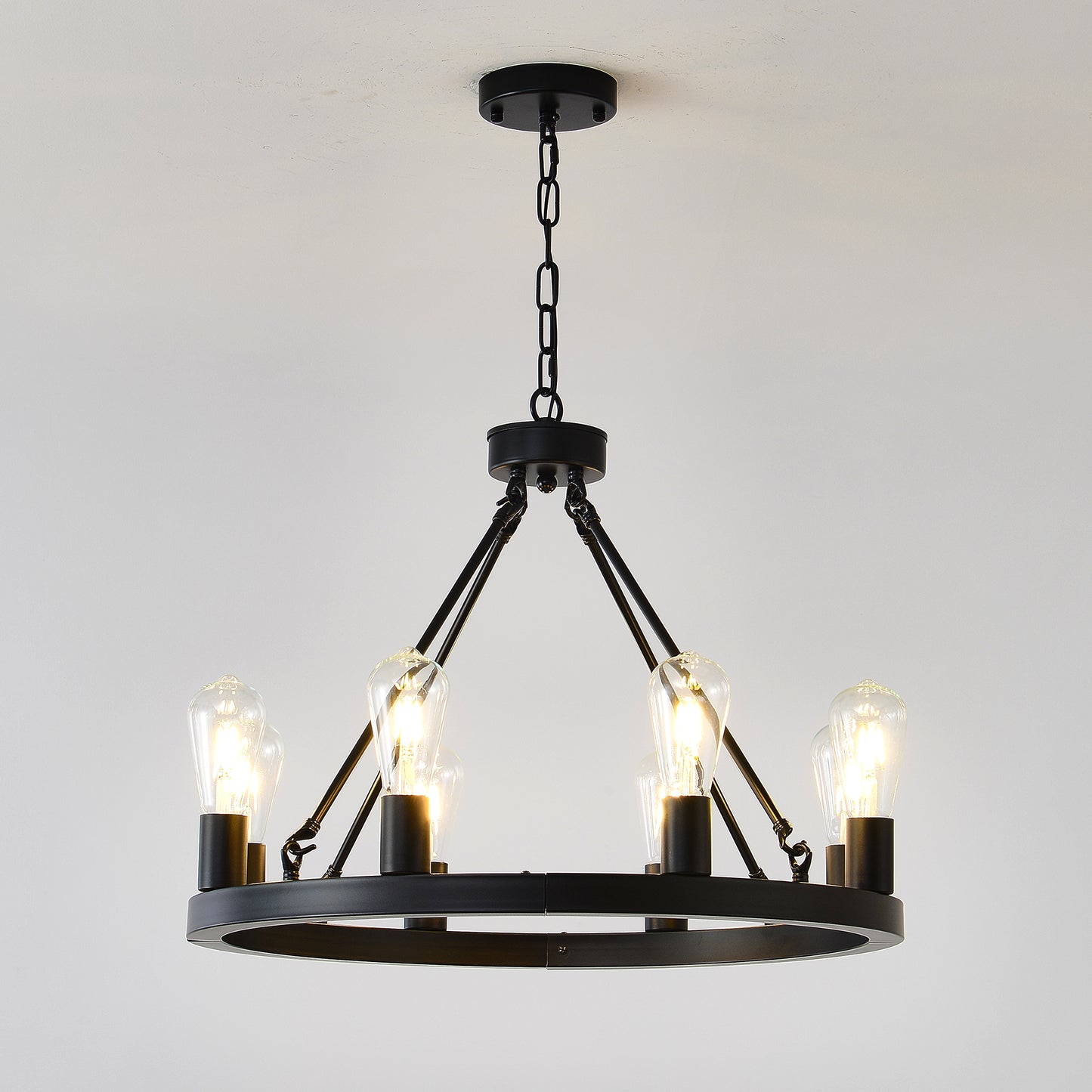 8-Light (No Bulbs) Matte Black Wagon Wheel Chandelier Farmhouse Modern Small Round Chandelier for Living Room Kitchen Island Foyer Hallway Entryway Bedroom Dining Room Light Fixture Ceiling Hanging