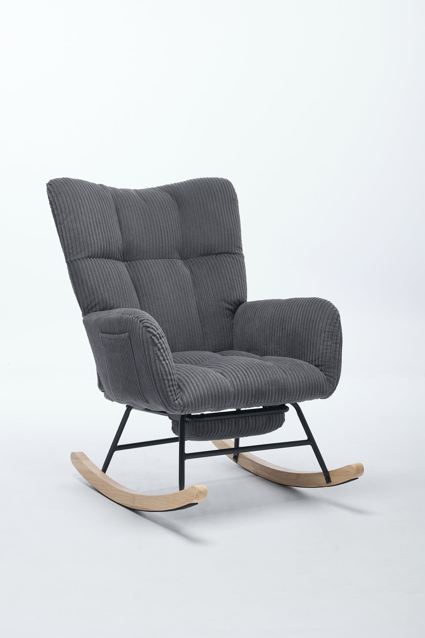 Modern Nursery Rocking Chair, Upholstered Glider Chair with High Backrest, Rocker Accent Armchair with Solid Wood Legs for Nursery Bedroom Living Room DARK GRAY