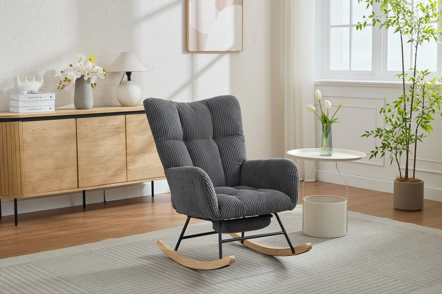 Modern Nursery Rocking Chair, Upholstered Glider Chair with High Backrest, Rocker Accent Armchair with Solid Wood Legs for Nursery Bedroom Living Room DARK GRAY