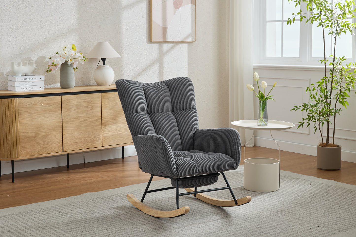 Modern Nursery Rocking Chair, Upholstered Glider Chair with High Backrest, Rocker Accent Armchair with Solid Wood Legs for Nursery Bedroom Living Room DARK GRAY