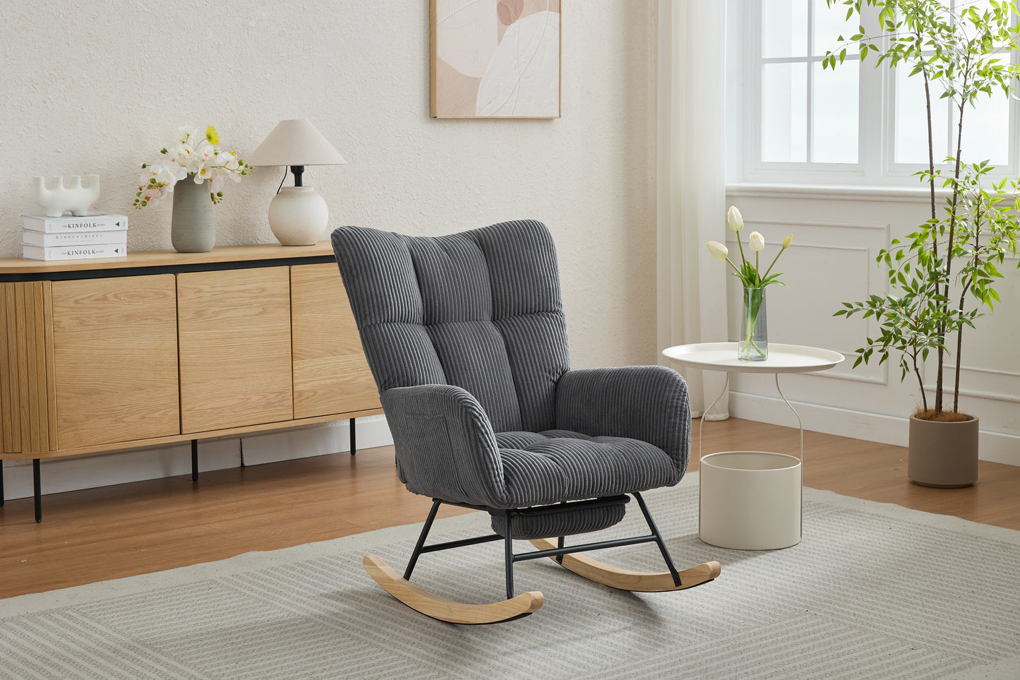 Modern Nursery Rocking Chair, Upholstered Glider Chair with High Backrest, Rocker Accent Armchair with Solid Wood Legs for Nursery Bedroom Living Room DARK GRAY