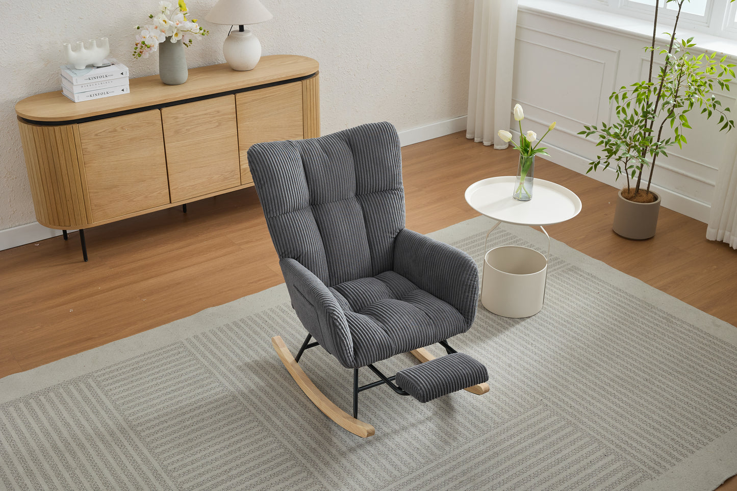 Modern Nursery Rocking Chair, Upholstered Glider Chair with High Backrest, Rocker Accent Armchair with Solid Wood Legs for Nursery Bedroom Living Room DARK GRAY