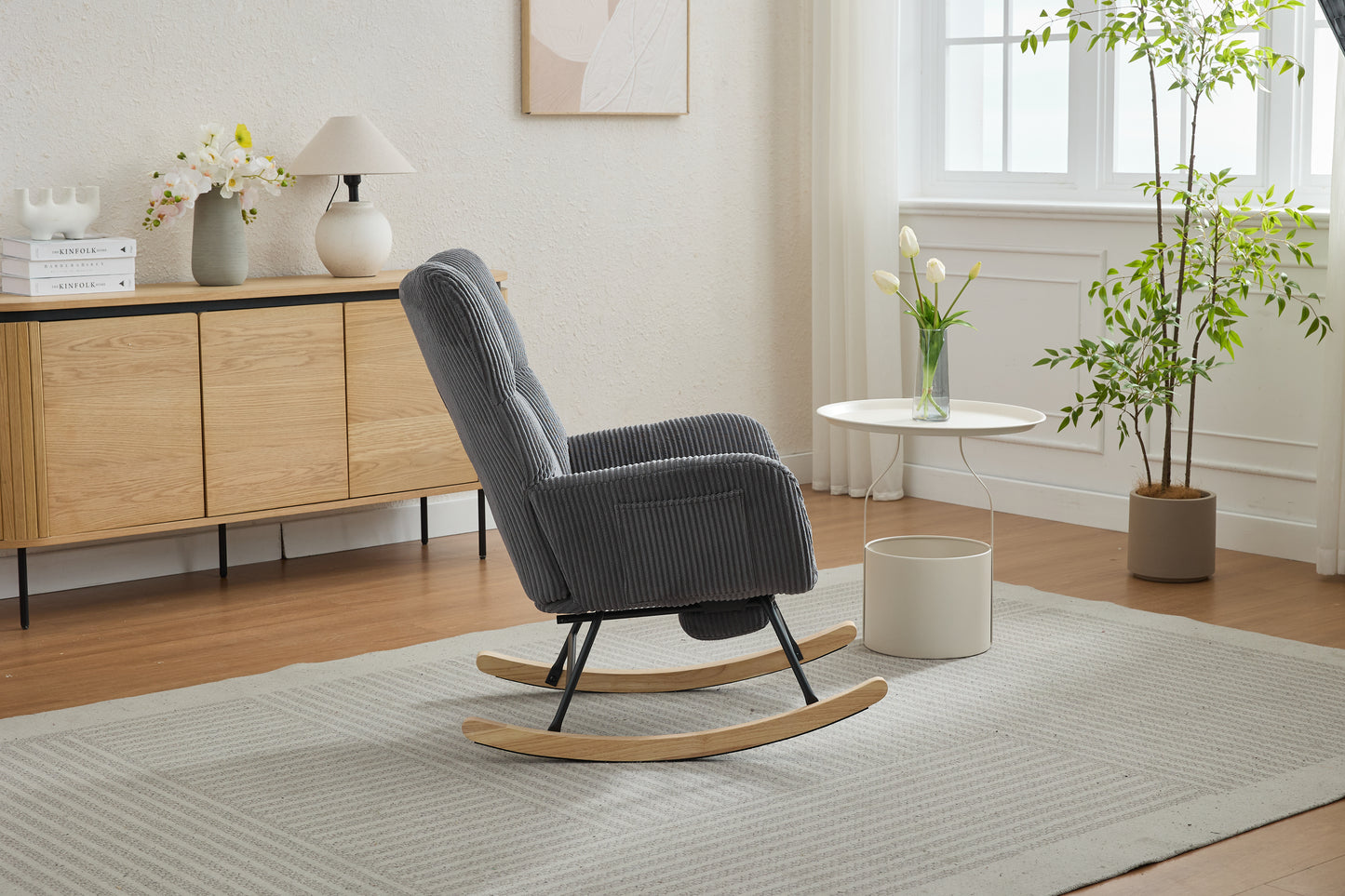 Modern Nursery Rocking Chair, Upholstered Glider Chair with High Backrest, Rocker Accent Armchair with Solid Wood Legs for Nursery Bedroom Living Room DARK GRAY