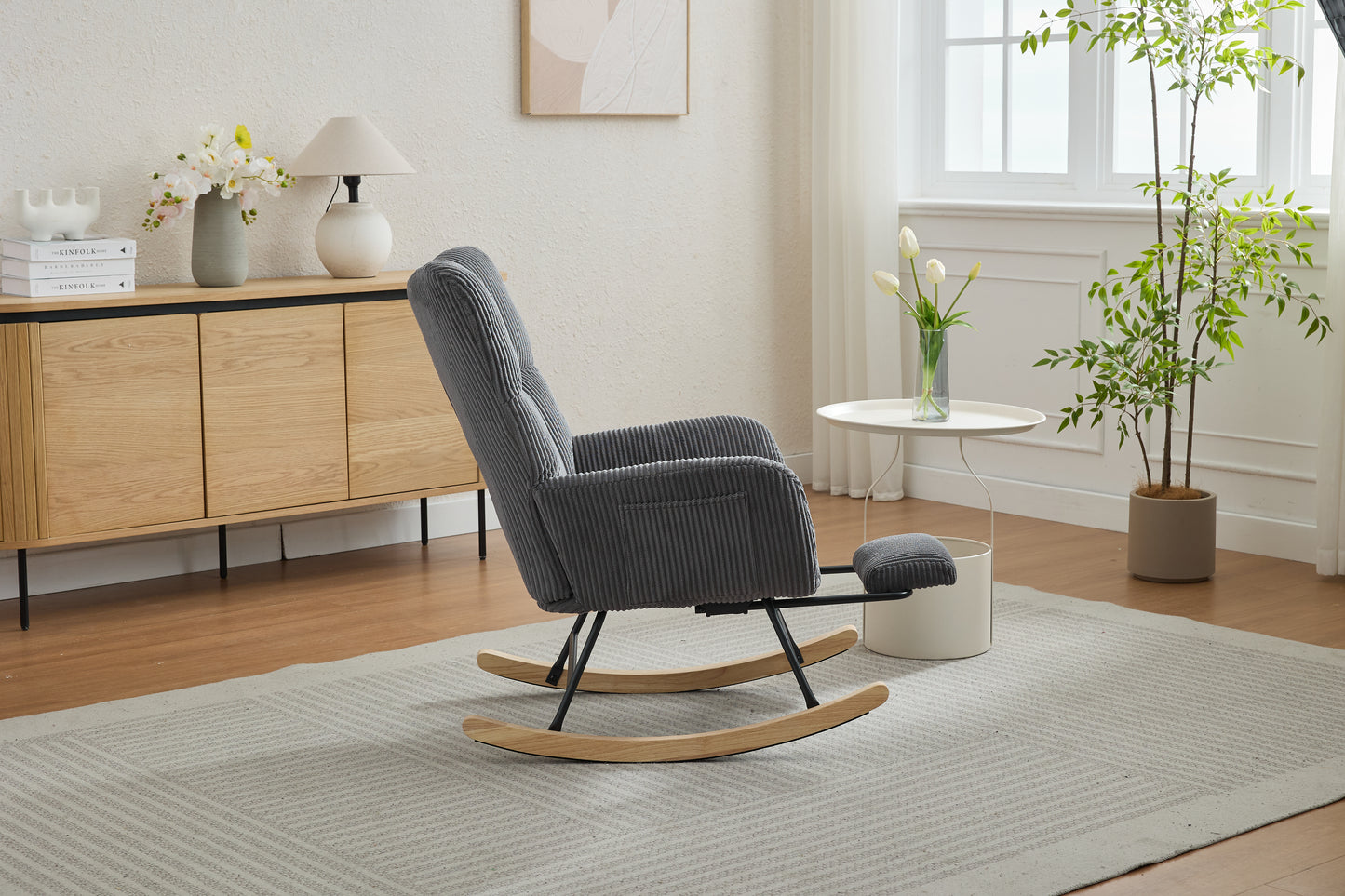 Modern Nursery Rocking Chair, Upholstered Glider Chair with High Backrest, Rocker Accent Armchair with Solid Wood Legs for Nursery Bedroom Living Room DARK GRAY