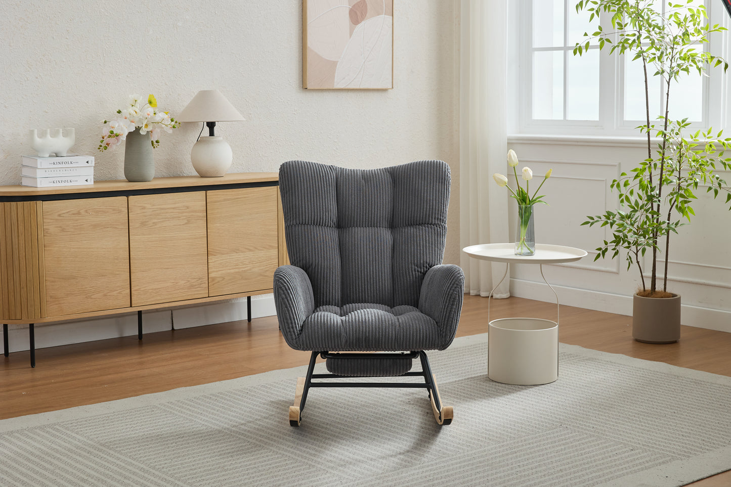 Modern Nursery Rocking Chair, Upholstered Glider Chair with High Backrest, Rocker Accent Armchair with Solid Wood Legs for Nursery Bedroom Living Room DARK GRAY