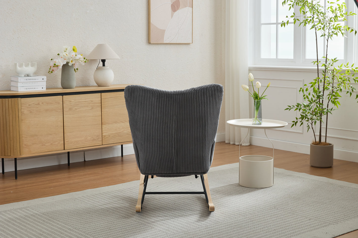 Modern Nursery Rocking Chair, Upholstered Glider Chair with High Backrest, Rocker Accent Armchair with Solid Wood Legs for Nursery Bedroom Living Room DARK GRAY