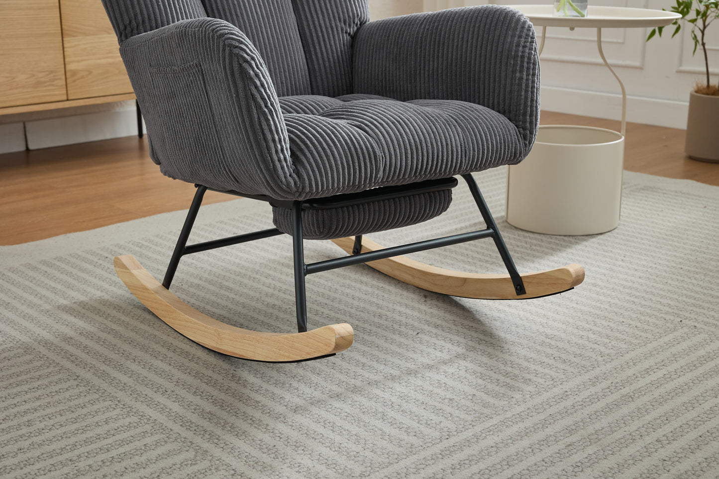 Modern Nursery Rocking Chair, Upholstered Glider Chair with High Backrest, Rocker Accent Armchair with Solid Wood Legs for Nursery Bedroom Living Room DARK GRAY