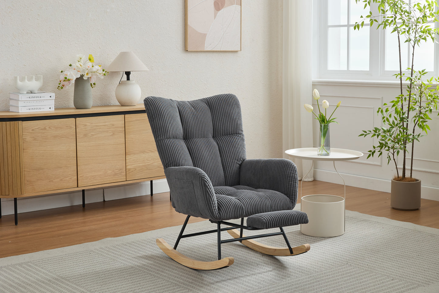 Modern Nursery Rocking Chair, Upholstered Glider Chair with High Backrest, Rocker Accent Armchair with Solid Wood Legs for Nursery Bedroom Living Room DARK GRAY
