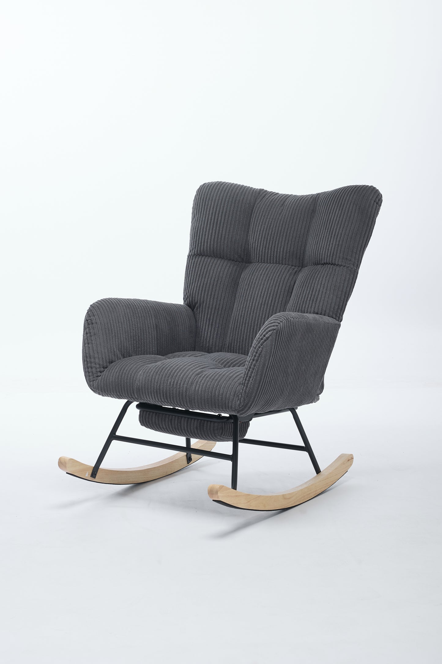 Modern Nursery Rocking Chair, Upholstered Glider Chair with High Backrest, Rocker Accent Armchair with Solid Wood Legs for Nursery Bedroom Living Room DARK GRAY