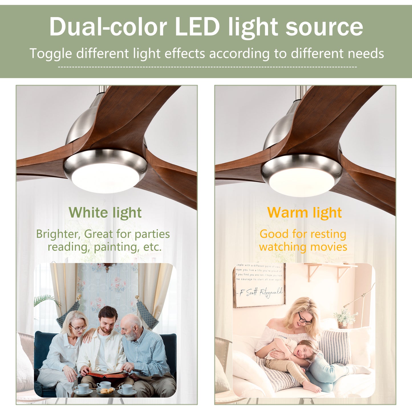 52" Solid Wood Blades Ceiling Fan With Light with Remote Control, Noiseless Reversible Motor, 6 Speed ,3 Color , for Patio Living Room, Bedroom, Indoor.(Stain nickel + Walnut )