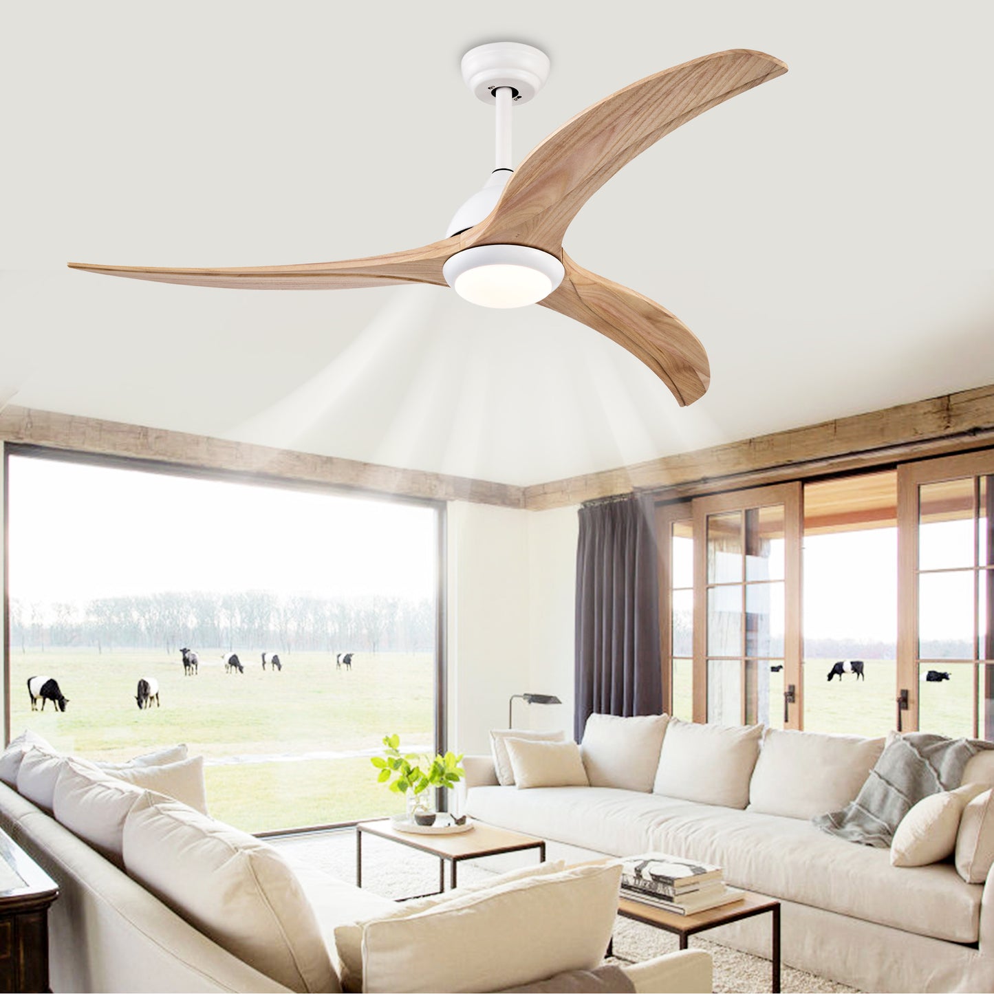 52" Ceiling Fan, Solid Wood Blades Ceiling Fan With Light with Remote Control, Noiseless Reversible Motor, 6 Speed ,3 Color ,for Patio Living Room, Bedroom,Indoor.(Matte White)