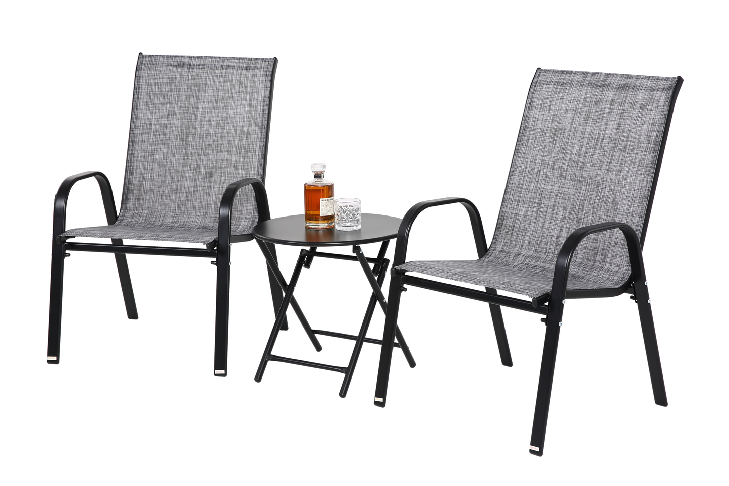 3 Piece Patio set, Outdoor Camping Chairs with Breathable Textilene Fabric, folding table with steel table top, 2chairs and 1table set ( Grey)
