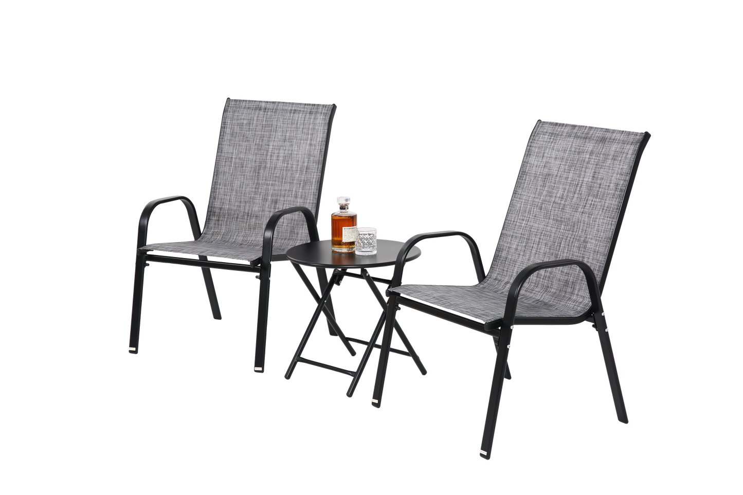 3 Piece Patio set, Outdoor Camping Chairs with Breathable Textilene Fabric, folding table with steel table top, 2chairs and 1table set ( Grey)